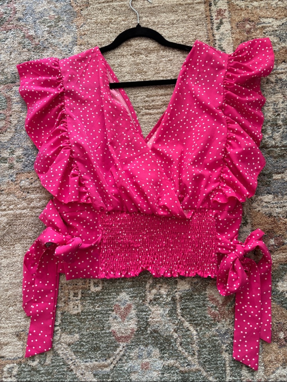 SHEIN Pink Polka Dot Ruffle Wrap Blouse